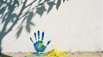 Blue and yellow handprint on white wall with tree shadow