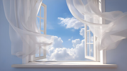White sheer curtains flowing with fresh air