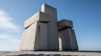 Modern stone structures under clear blue sky