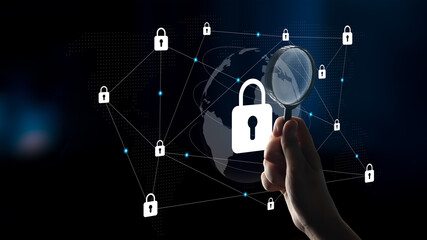 A conceptual image showcasing a hand holding a magnifying glass focused on a digital lock symbol, symbolizing cybersecurity and global data protection in a networked environment. Gantry