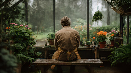 Gardener sitting in greenhouse looking at rain