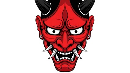 Red demon mask with horns, fierce expression, and sharp fangs in a bold vector illustration.