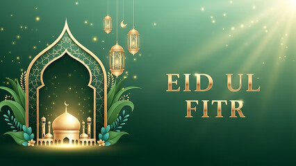 Eid Ul Fitr celebration with mosque and lanterns in green background