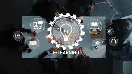 A dynamic business meeting showcasing a group of professionals engaged in e-learning strategy discussions, complemented by visual technology elements and innovative ideas. Raster