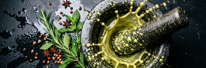 Herbs and spices with vibrant sauce in stone mortar and pestle