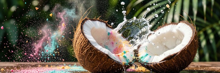 Splashing water and colorful powder from halved coconuts outdoors