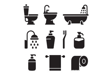Essential Bathroom Items and Hygiene Product Silhouettes Icon Set
