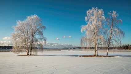 Winter landscape with frosted trees on a snow-covered ground, clear blue sky, and distant horizon.