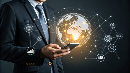 Businessman Using Mobile Smartphone for Global Digital Marketing, Financial Banking Technology, Internet Connection and Big Data Network