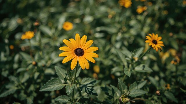 Yellow flowers in bloom with green foliage, featuring a prominent yellow flower with dark center among other similar flowers. - Powered by Adobe