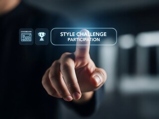 Finger touching 'Style Challenge Participation' button with leaderboard and trophy icons on a dark digital background