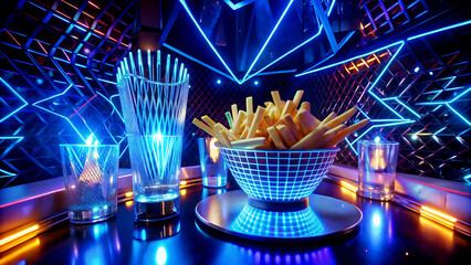 French fries in neon grid bowl on futuristic table with blue glowing lights and cyberpunk ambiance for food advertisement