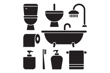 Essential Bathroom Items and Hygiene Product Silhouettes Icon Set