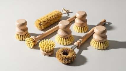  Set of natural wooden body massage brushes with various bristle types on white surface, spa dry brushing tools collectio