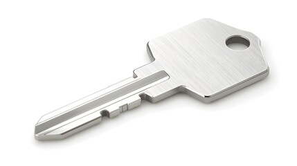 Close-up view of metallic key detail isolated on white background with minimal composition