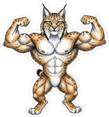 Fototapeta premium Muscular bobcat flexing muscles in a powerful pose isolated on transparent background
