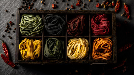 Colorful fettuccine pasta assortments in wooden box with spices