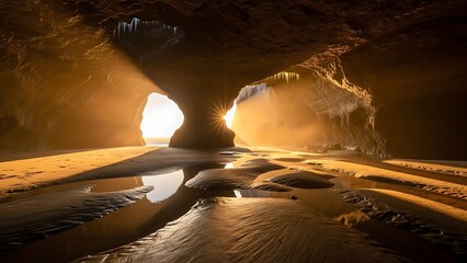 Sunlit cave with golden reflections