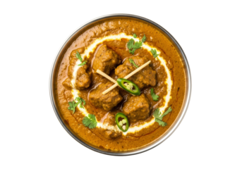 top view spiced meat curry in bowl with cream swirl and cilantro garnish