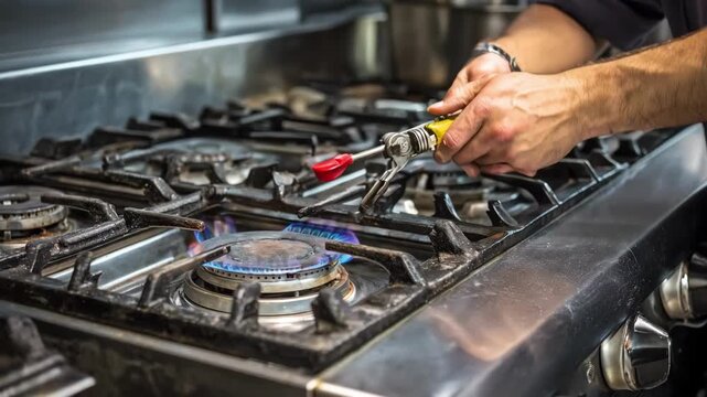 Cook fixing a commercial gas stove burner in a busy restaurant kitchen adjusting gas flow to restore proper flame intensity.