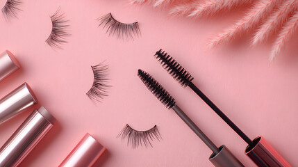 Mascara wands and false eyelashes on pink background