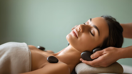 Woman enjoying hot stone massage treatment at spa