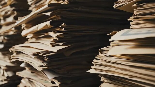 Overflowing stacks of documents and files creating a wall of paper in an old office or library storage area today