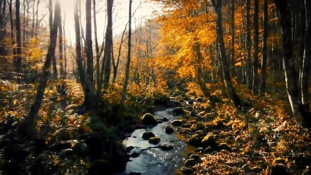 Serene autumn stream flows through colorful forest with golden light. Nature landscape scenery. Autumn forest with river, leaves, trees, stream, water.