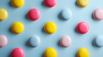 Colorful pastel macarons creating repetitive sweet dessert pattern
