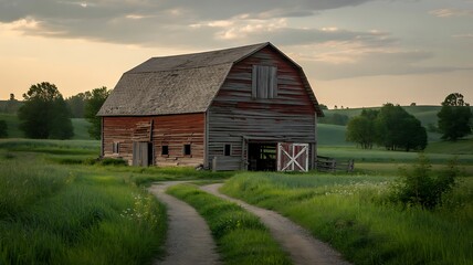 Obraz premium Rustic Red Wooden Barn in Lush Green Field with Dirt Path at Sunset