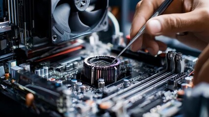 Computer technician securing heat sink and thermal paste on processor within custom gaming rig enhancing overall system stability and speed.