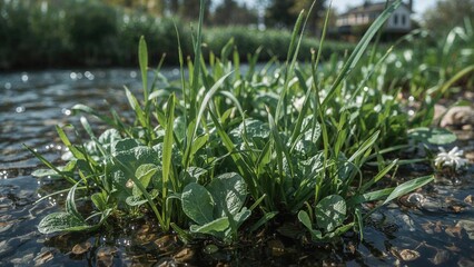 Fresh green grass growing in water near a river or stream. Nature and aquatic plant growth. The concept of wetland vegetation and natural water ecosystems.