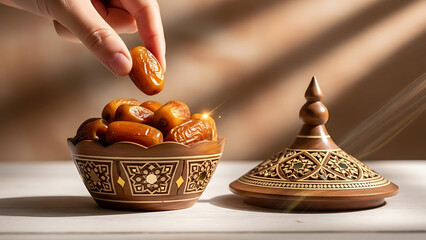Hand holding date above traditional wooden bowl with lid