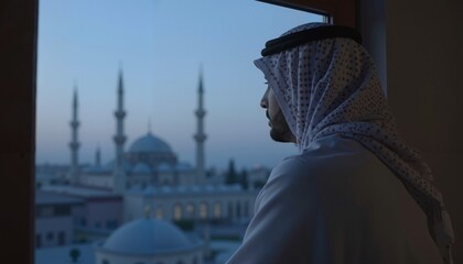 Young Arab man gazing out the window at city skyline at dusk  