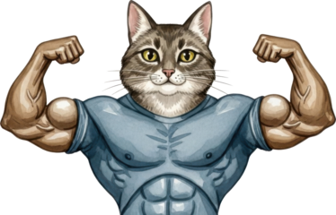 Strong cat flexing muscles in blue shirt isolated on transparent background