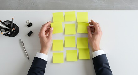 Male Hands Placing Blank Sticky Notes on Clean Desk Top-Down