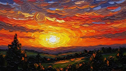 Vibrant sunset over rolling hills