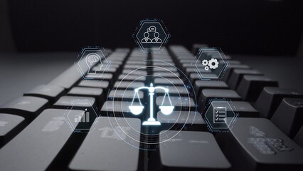 Futuristic digital law interface displaying justice scale, highlighting digital law, AI compliance,...