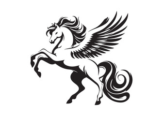 Fototapeta premium pegasus logo silhouette vector, horse with wings logo design icon vector illustration, magical fantasy horse vector silhouette, pegasus fly horse logo vector silhouette on white background
