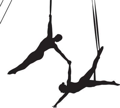 Two People Performing Aerial Silhouette on Trapeze with Suspended Ropes in Midair also transparent background