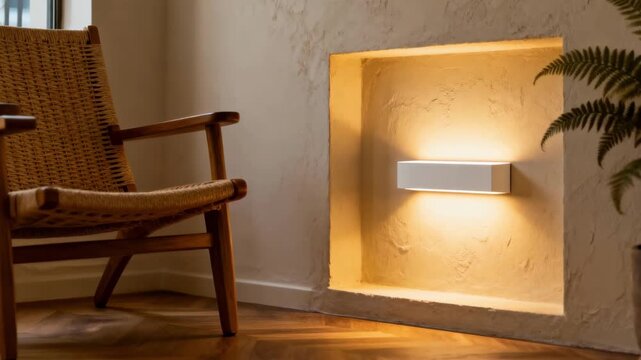 Medium shot capturing a recessed drywall lighting inset illuminating a cozy corner demonstrating ambient lighting integration within builtin wall features.