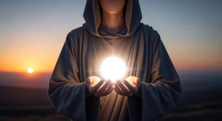 Mysterious figure holding glowing orb at sunset, spiritual concept
