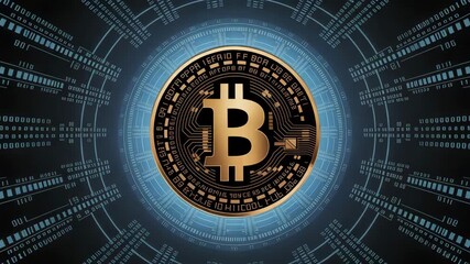 Closeup Bitcoin Cryptocurrency Digital Currency Blockchain Technology Animation with Binary Code - Powered by Adobe