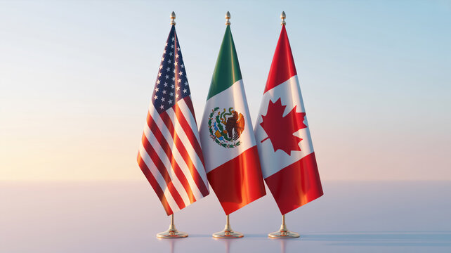 High-resolution diplomatic stock photo of USA, Mexico and Canada flags on gold poles, evenly aligned, soft blue gradient background, clean studio lighting, international relations concept