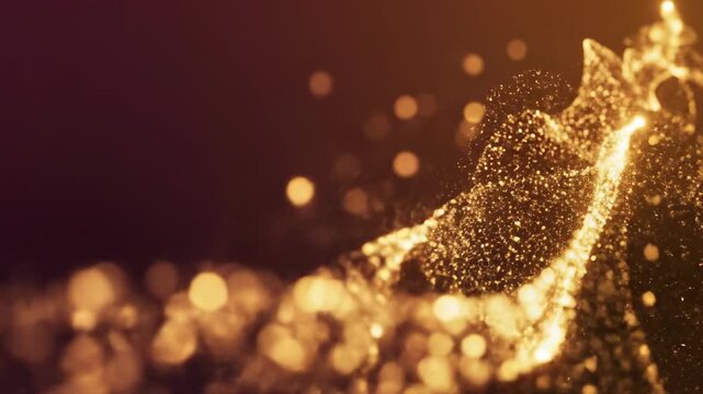 Abstract motion graphic animation showing glowing golden particles flowing gently across a deep, warm background symbolizing imagination and wonder light, Abstract motion graphic animation, science