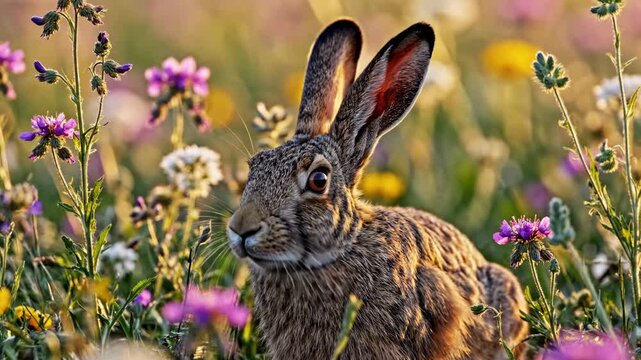 A wild brown hare sitting in a vibrant spring meadow of colorful flowers. A cute rabbit in its natural habitat during a golden hour sunset. Easter wildlife concept