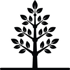 Obraz premium Stylized tree silhouette illustration, black vector nature symbol with leaves, minimalist botanical design for logo branding use