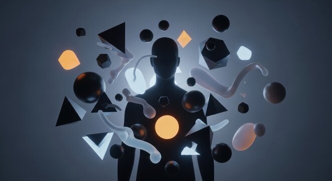 Abstract Mind Silhouette with Geometric Shapes and Orbs - Powered by Adobe