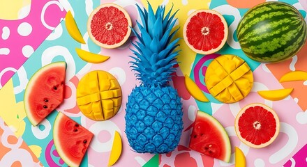 Vibrant tropical fruits artfully arranged with a bright blue pineapple and colorful background