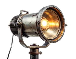 Retro Stage Spotlight on Adjustable Stand, Angled Side View, Old Cinema Style, Isolated